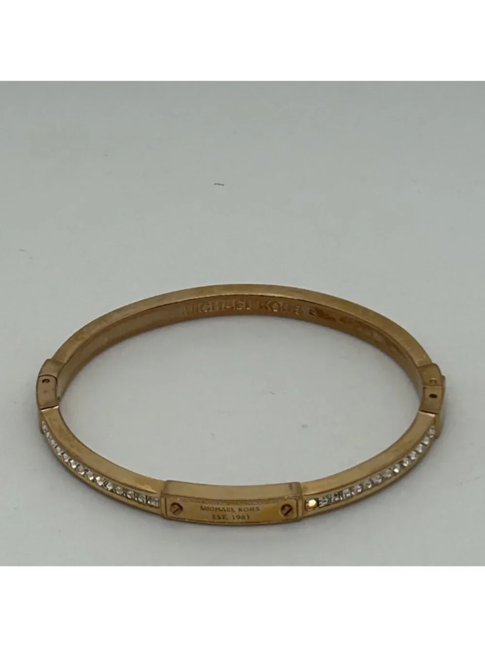 Michael Kors Gold Tone Hinged Bangle Bracelet With Channel Set Crystal Rhineston